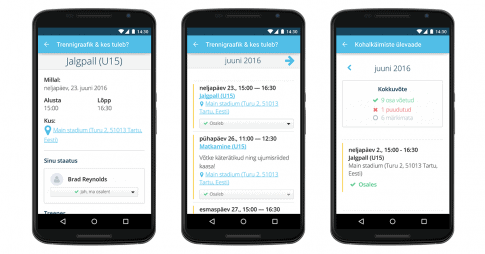 Rakenduse Sportlyzer lapsevanemale vaated - Treeninggraafik, Osalemine, Osalemiste raport