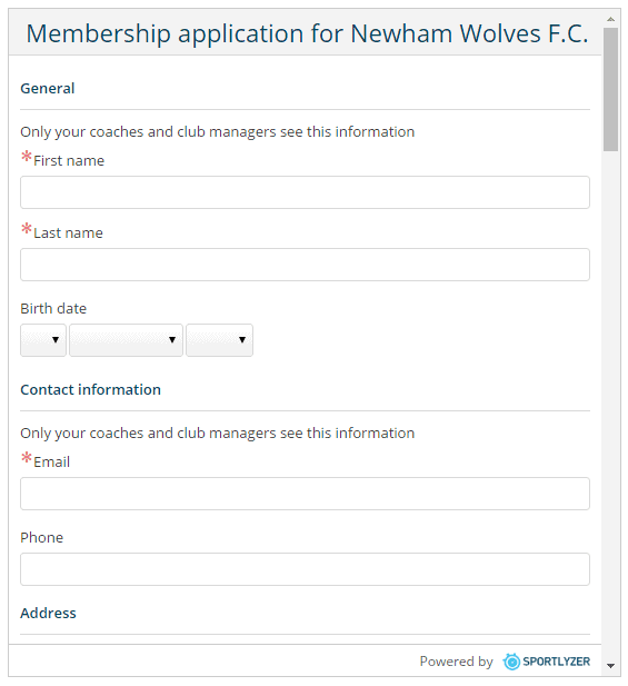 Online club membership application forms by Sportlyzer - website widget 2