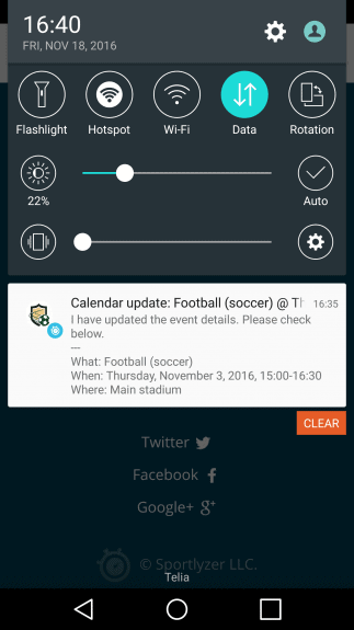 Calendar update push notification on Sportlyzer Parent App