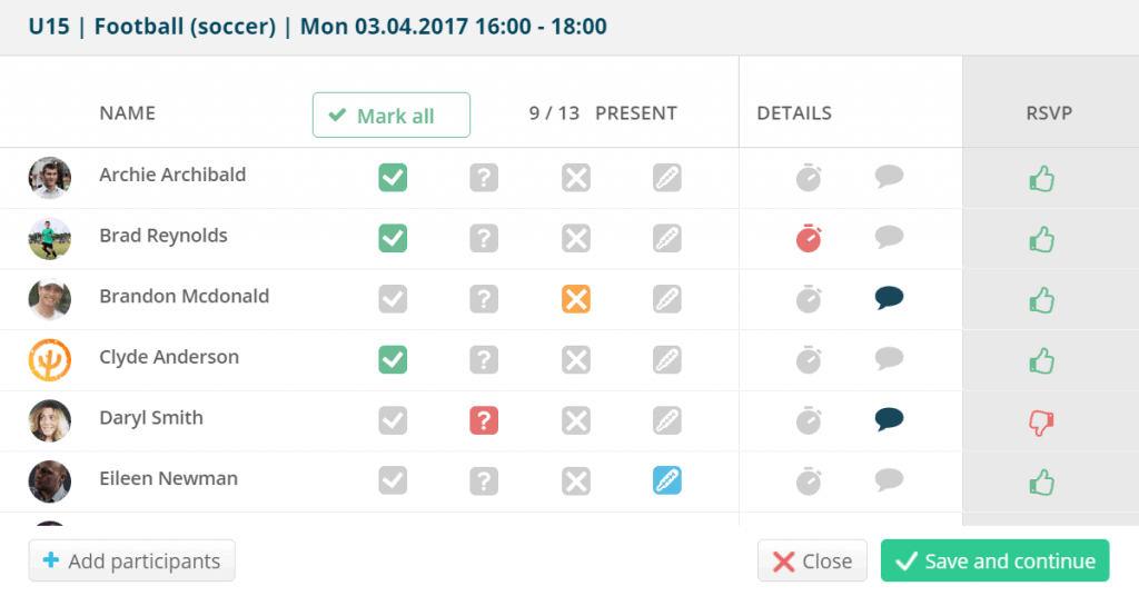 Editing attendance with absence reasons and comments - Sportlyzer