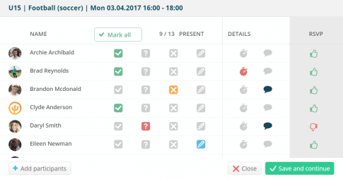 Editing attendance with absence reasons and comments - Sportlyzer