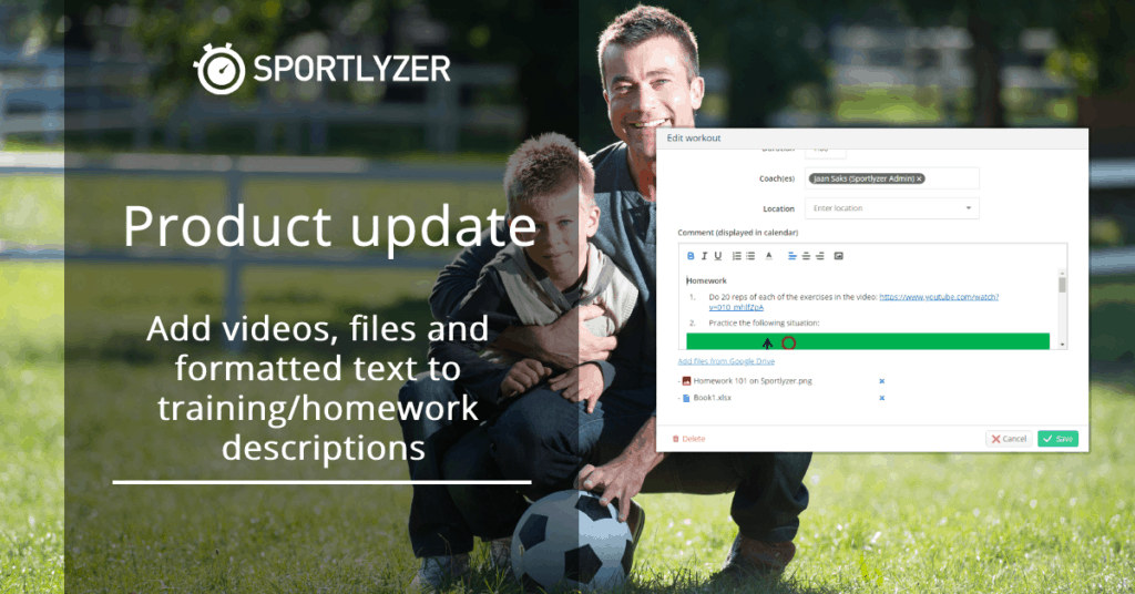 Add videos, files and formatted text to training & homework descriptions - Sportlyzer