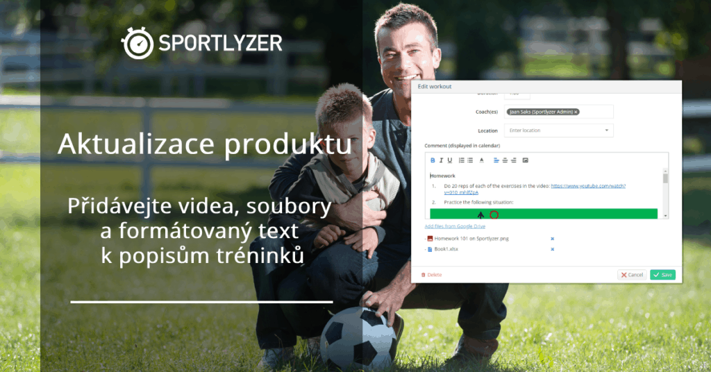 Přidávejte videa, soubory a formátovaný text k popisům tréninků