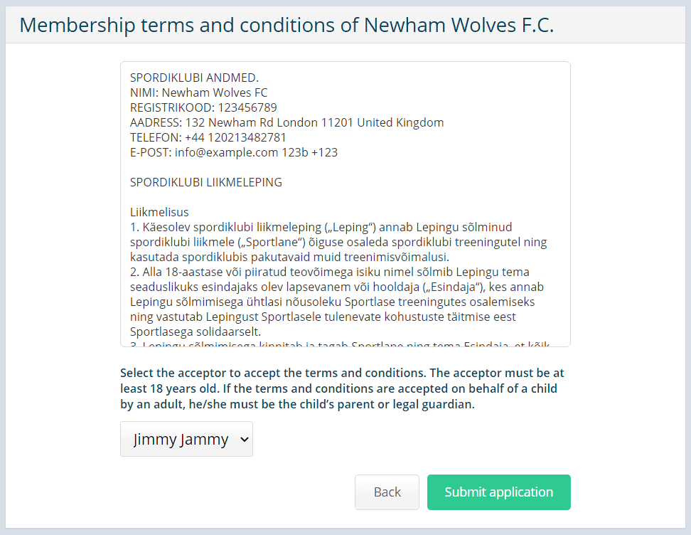 Parents can sign membership terms and conditions with the club - Sportlyzer