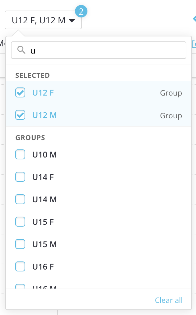 The calendar filter open, with a search field at the top, two ticked training groups listed under Selected, the other groups below, and Clear all at the bottom.